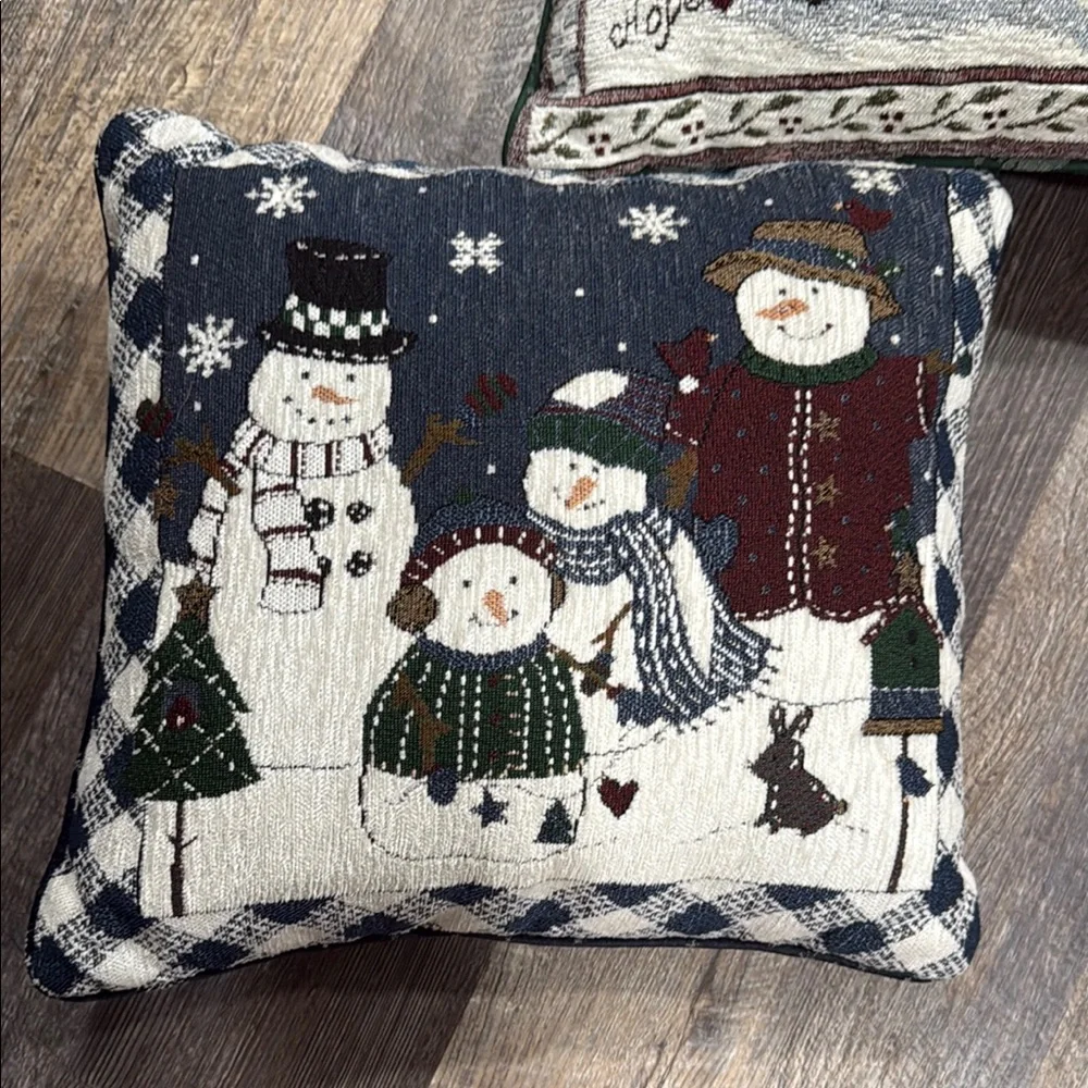 Festive Tapestry Snowman Holiday Pillows - Navy and White set of 2